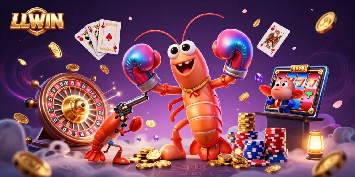 Join LLWIN's vibrant casino adventure with colorful game elements, a mantis shrimp champion, and exhilarating action!