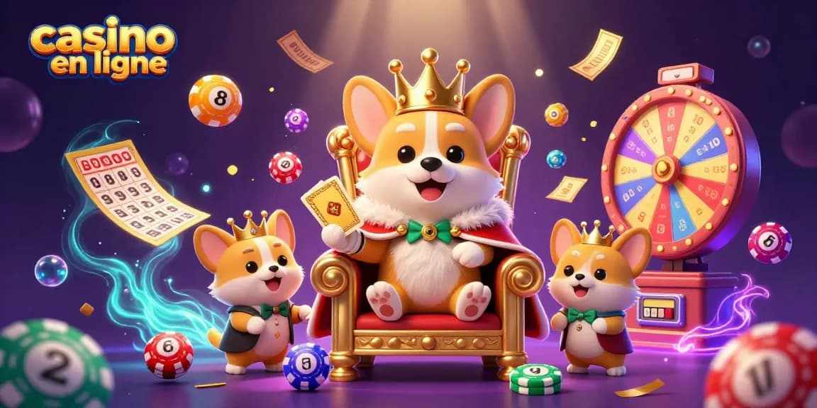 Profitez d'une aventure captivante au casino en ligne avec la mascotte royal corgi entourée de jeux colorés.