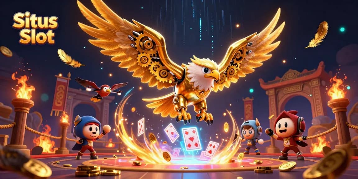 Experience the action at Situs Slot with holographic cards and a golden eagle in this dynamic illustration.