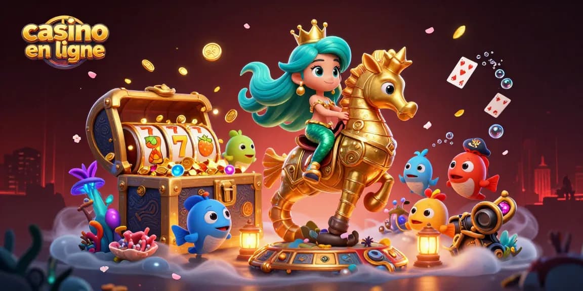 Illustration vibrante représentant un casino en ligne avec une princesse sirène entourée de poissons colorés et de trésors sous-marins.