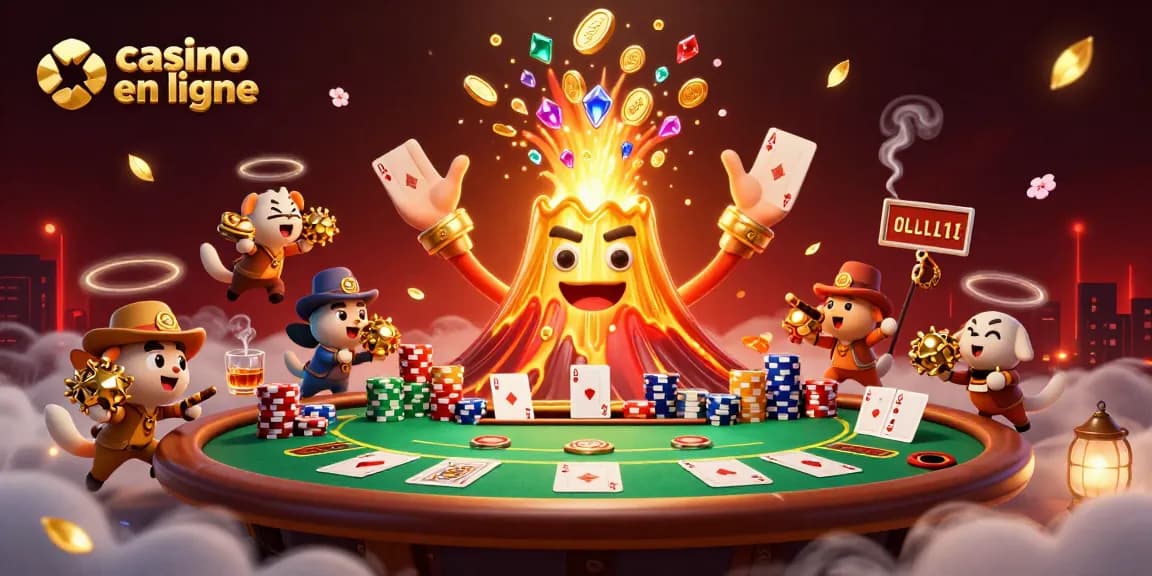 Jouer au casino en ligne avec une représentation vibrante d'un volcan doré, des trésors, et une table de poker captivante.