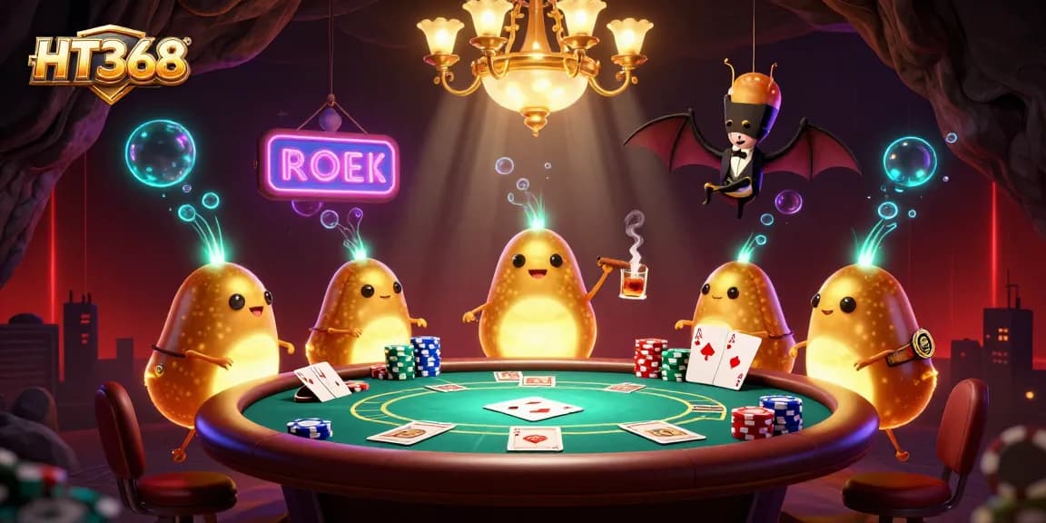 Engage with HT368's glowing casino scene brought to life by vibrant glowworms and dynamic poker action.