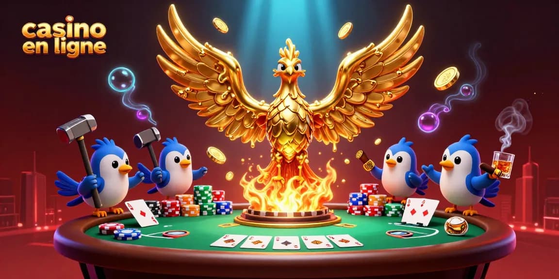 Explorez un casino en ligne avec un phoenix doré, des jetons et des cartes de poker.