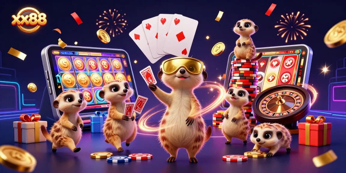Experience the thrilling world of xx88 in a vibrant 3D cartoon casino scene with meerkats.