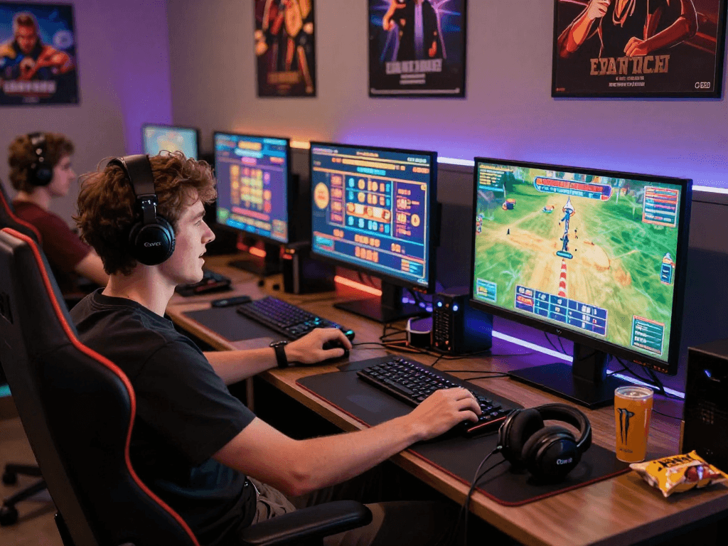 Engaged user playing online slots while trying login raja328 in a vibrant gaming setup.