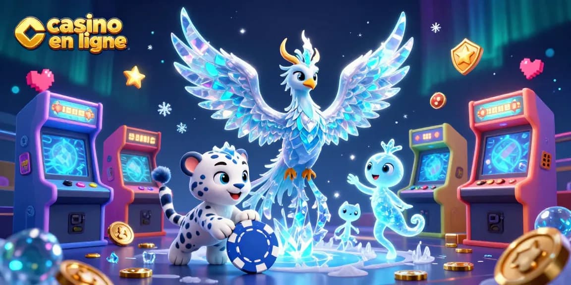 Jouez au casino en ligne avec une illustration 3D dynamique mettant en scène un phoenix de glace et des éléments de jeu.