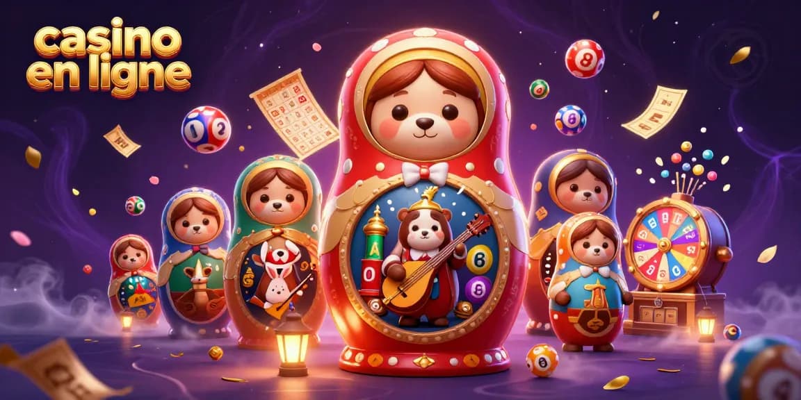 Plongez dans l'univers du casino en ligne avec cette illustration de jeux animés et personnages captivants.
