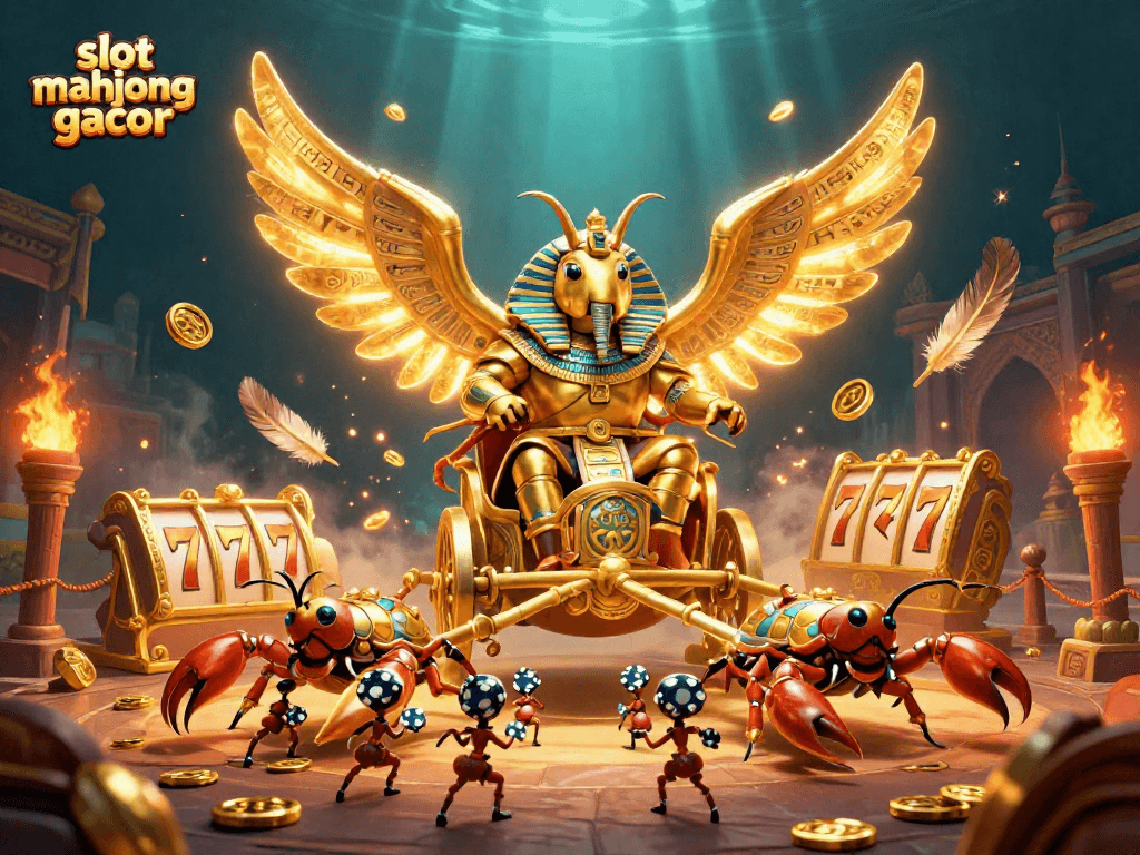 Engage with slot mahjong gacor in a vibrant casino scene filled with golden reels and shimmering tokens.