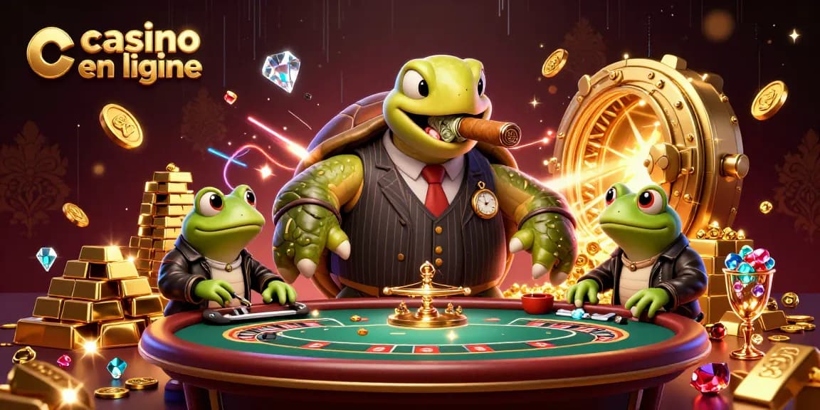 Attraper de grandes gains sur un casino en ligne avec une tortue en costume jouant au poker.