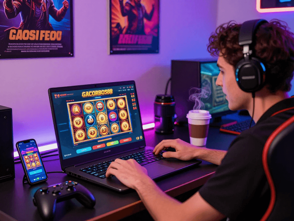 Player enjoying gacor slots on GACORBOS88 platform in vibrant gaming setup.