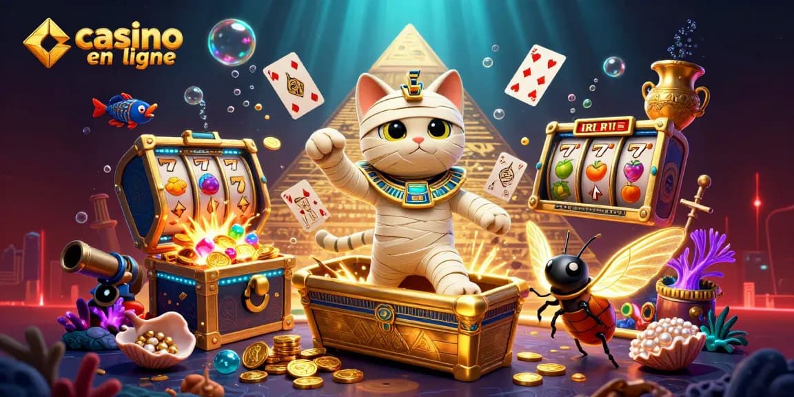 Illustration d'un chat momie égyptien dans un casino en ligne, avec des pièces dorées et des cartes flottantes.