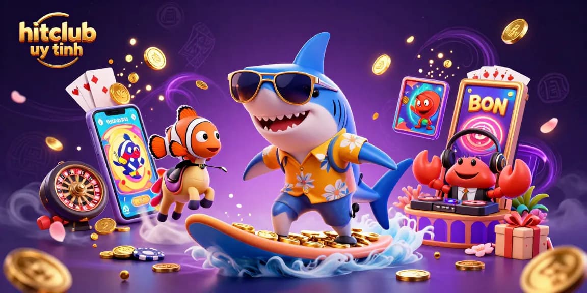 Experience hitclub uy tín with a fun casino-themed illustration showcasing characters and gaming elements.