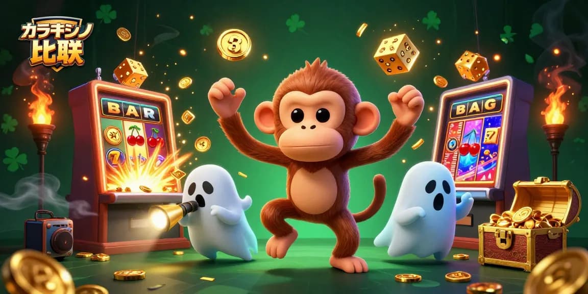 オンラインカジノ 比較をテーマにした賑やかなカジノシーンのイラストです。