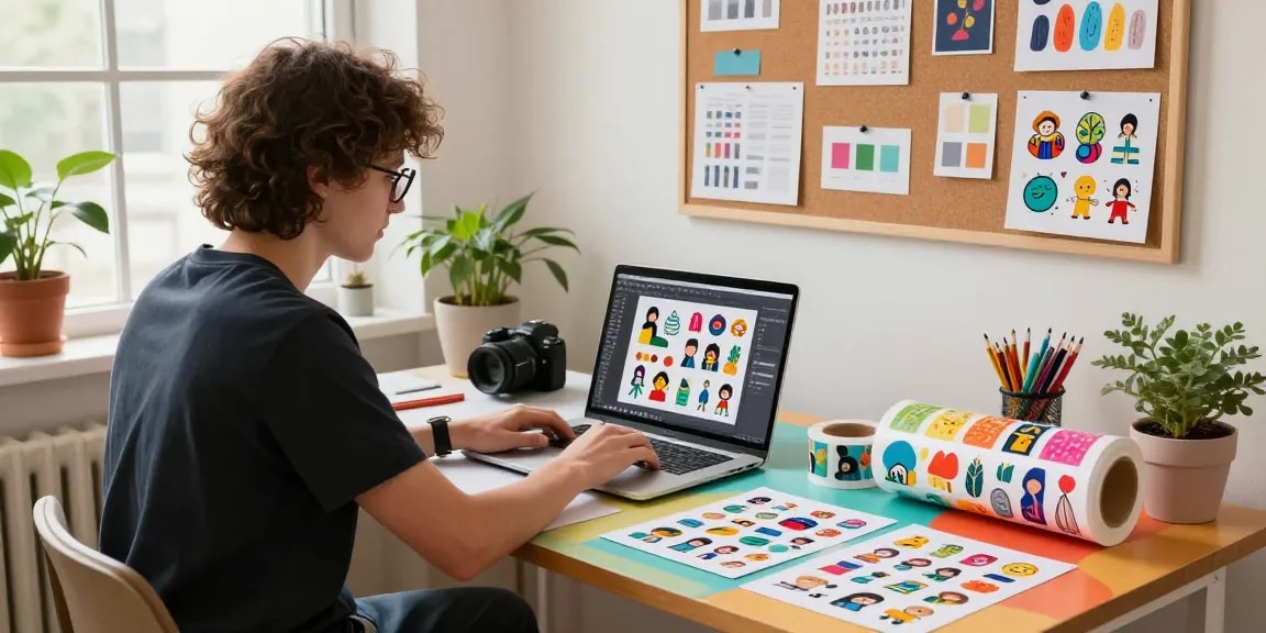 Custom stickers arranged in a vibrant creative studio, showcasing design processes and inspirations
