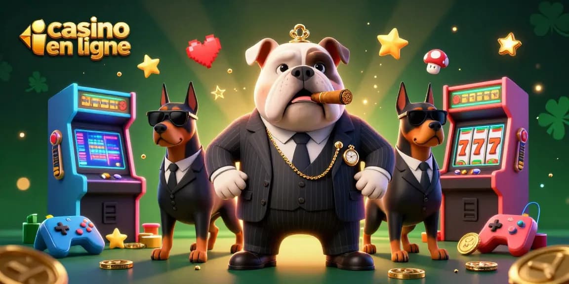 Profitez de l'animation dynamique de casino en ligne avec un bulldog mafieux et des machines à sous colorées.