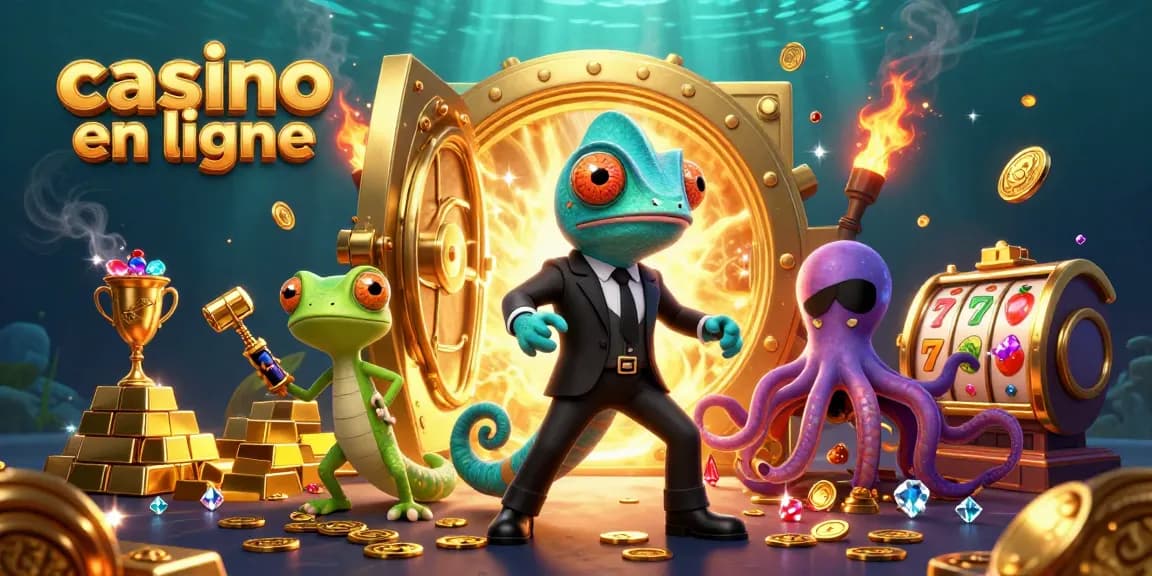Illustration dynamique des personnages de casino en ligne avec des jeux d'argent comme des machines à sous et des trésors scintillants.