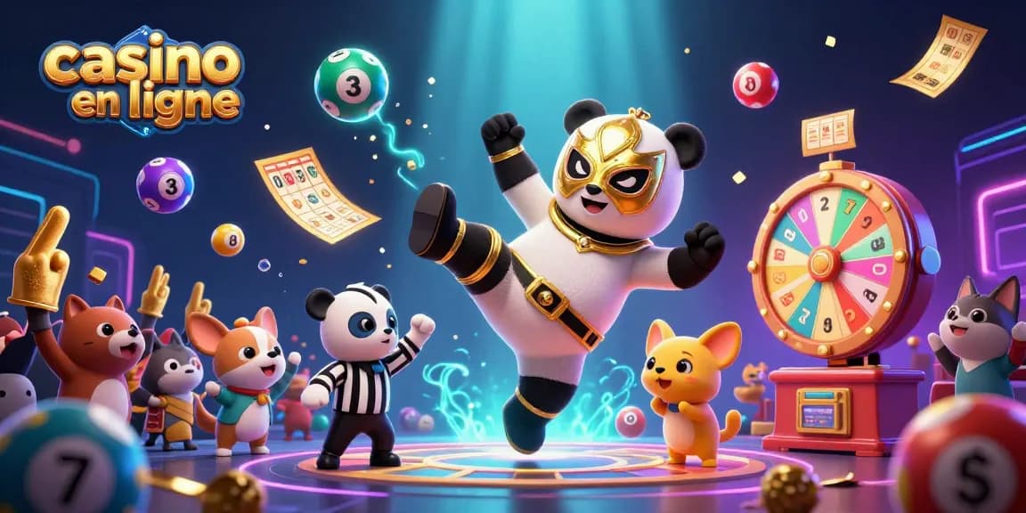 Animation captivante de panda lutteur en ligne de casino, avec loteries et excitation.