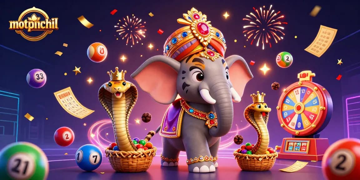 Experience the thrill of motphimchill with a vibrant casino scene featuring colorful lottery balls and a jewel-encrusted elephant.