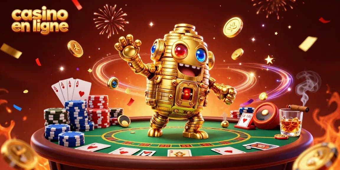 Illustration dynamique de casino en ligne avec un golem en or et des éléments de poker.