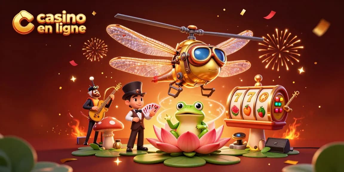 Jouez à casino en ligne avec des croupiers de grenouilles au milieu d'une fête colorée.