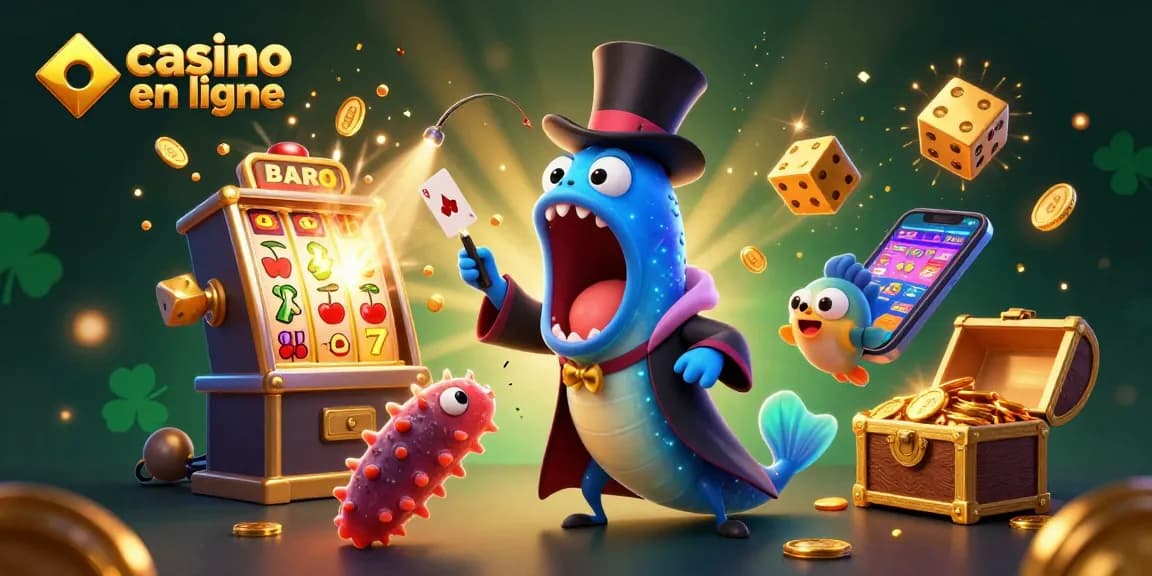 Visuel coloré de casino en ligne avec un poisson-lanterne et un anguille goulpe, symboles de jeu éclatants.