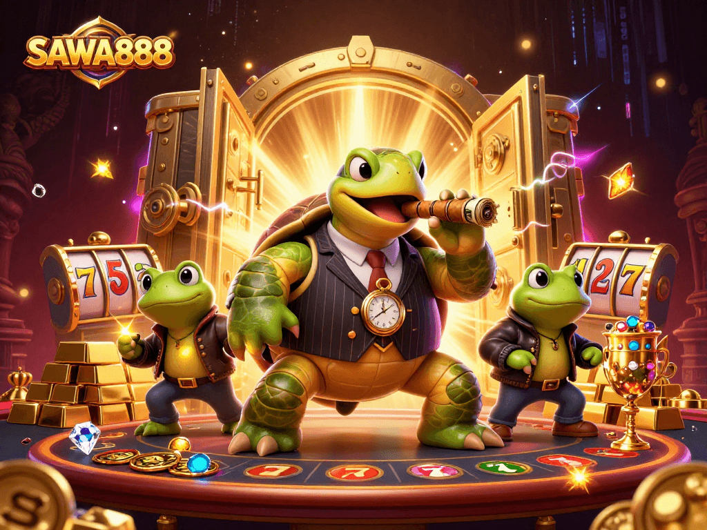 SAWA888 showcases a dynamic casino scene with a massive snapping turtle and frog enforcers amidst treasures.