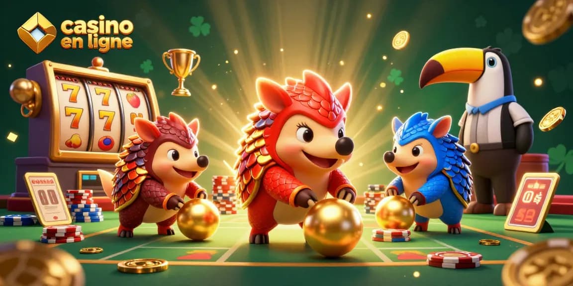 Les pangolins s'affrontent au casino en ligne avec des symboles de jackpot et des jetons éparpillés.