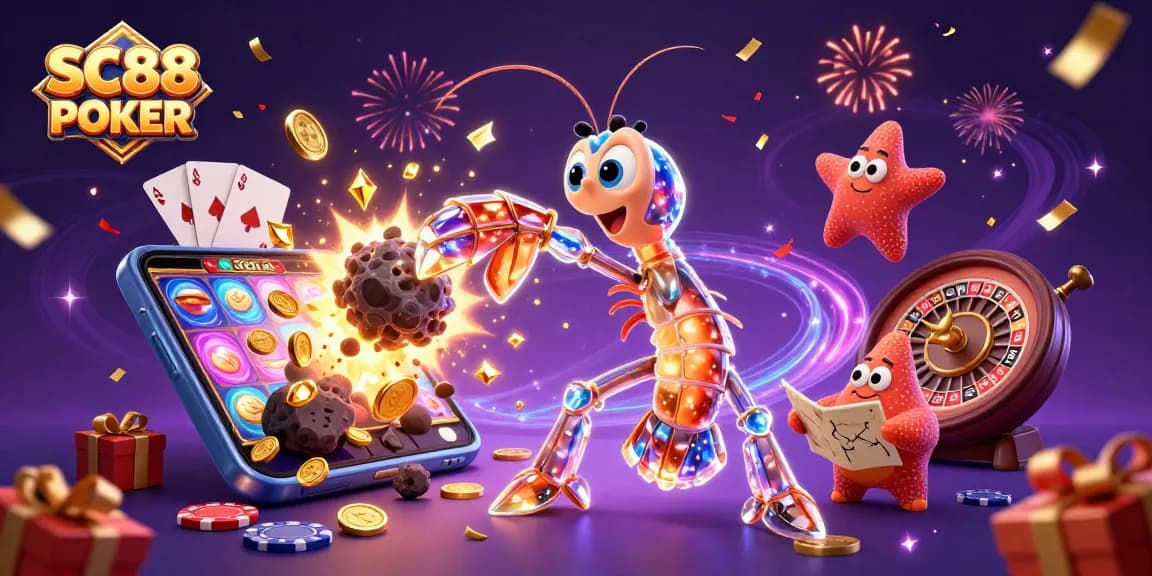 Experience SC88 POKER with a vibrant, dynamic scene of a galactic samurai and starfish amidst gaming elements.