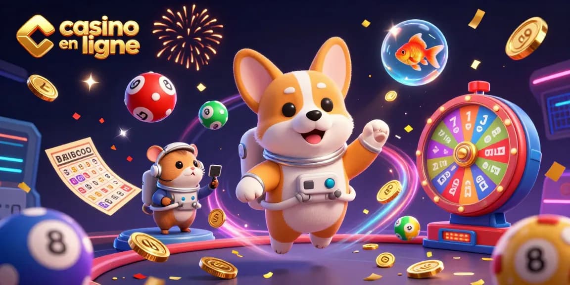 Vision fascinante d'un casino en ligne où un corgi astronaute et un hamster coordonnent une loterie flottante.