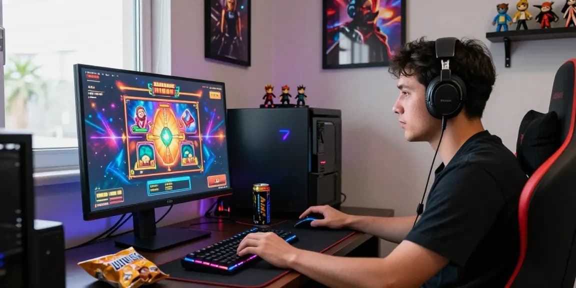 Gamer engaged on https://gravatar.com/playbook88official with vibrant slot game graphics and immersive setup.