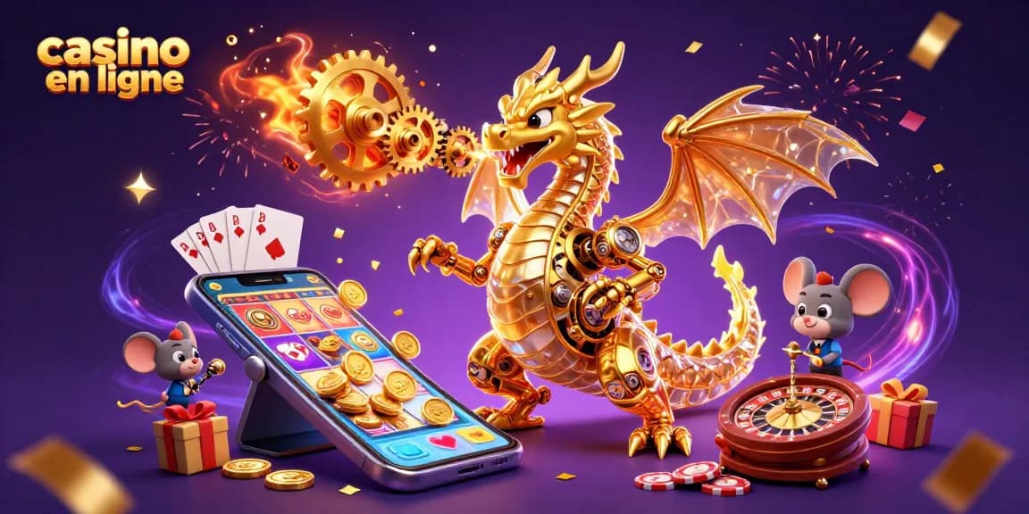 Casino en ligne : dragon doré et souris ingénieure au cœur d'une célébration ludique, entourés de jeux d'argent.