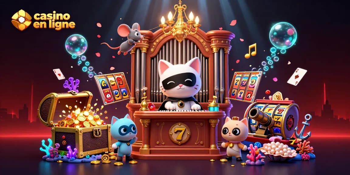 Admirez cette scène vibrante de casino en ligne avec le chat fantôme et des éléments de jeux sous-marins.