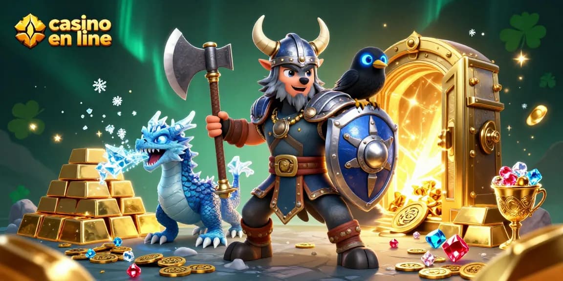 Jouer au casino en ligne avec un guerrier Viking et un dragon, un mélange d'aventures et de trésors.