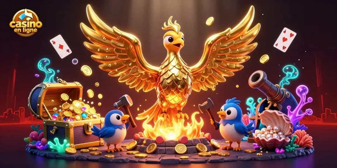 Explorez le monde fascinant du casino en ligne avec l'illustration d'un phénix doré et des éléments de jeu animés.