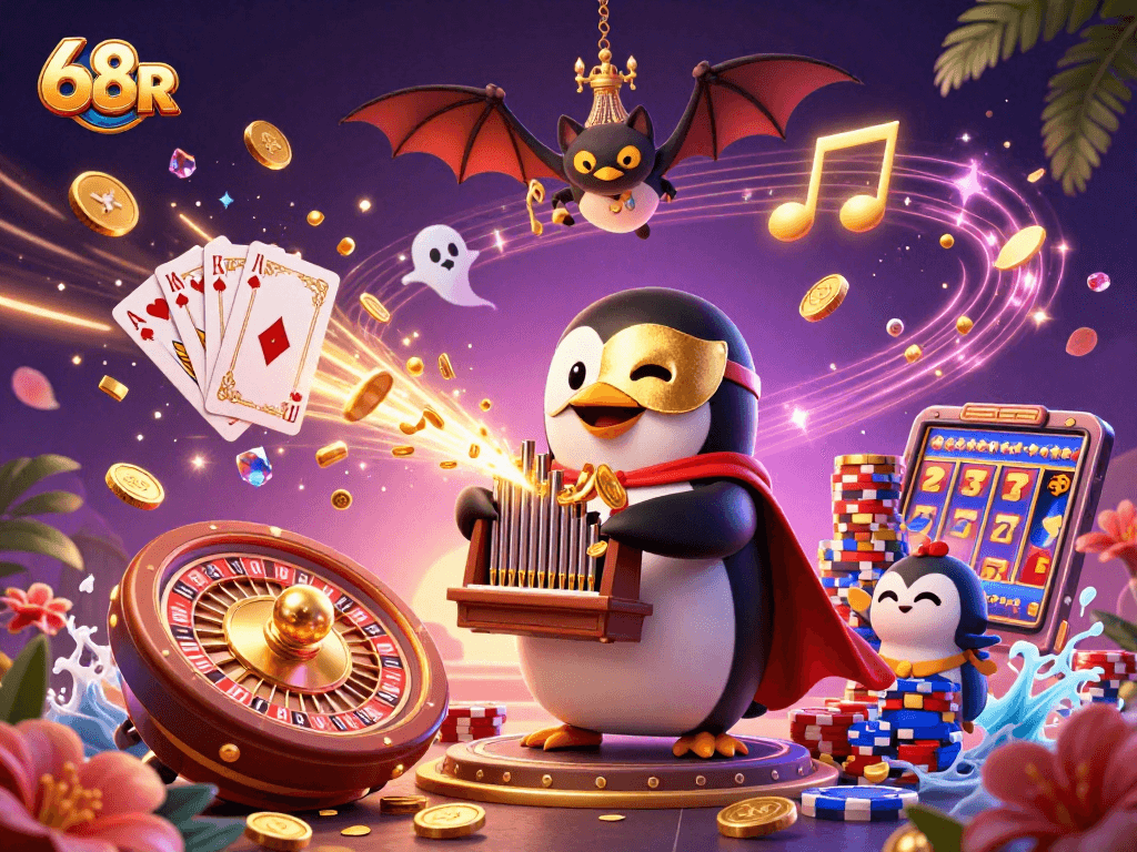Ilustração 3D do 68R com um pinguim fantasma tocando órgão em um cassino vibrante.