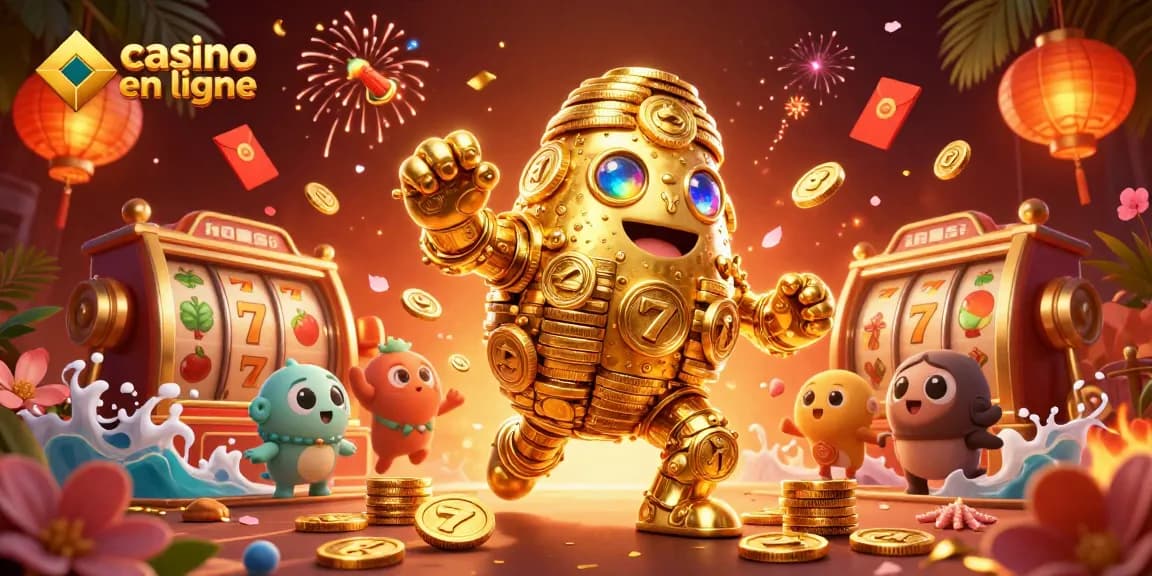 Un golem en or géant attire l'attention sur un casino en ligne avec des éléments de jeux variés.