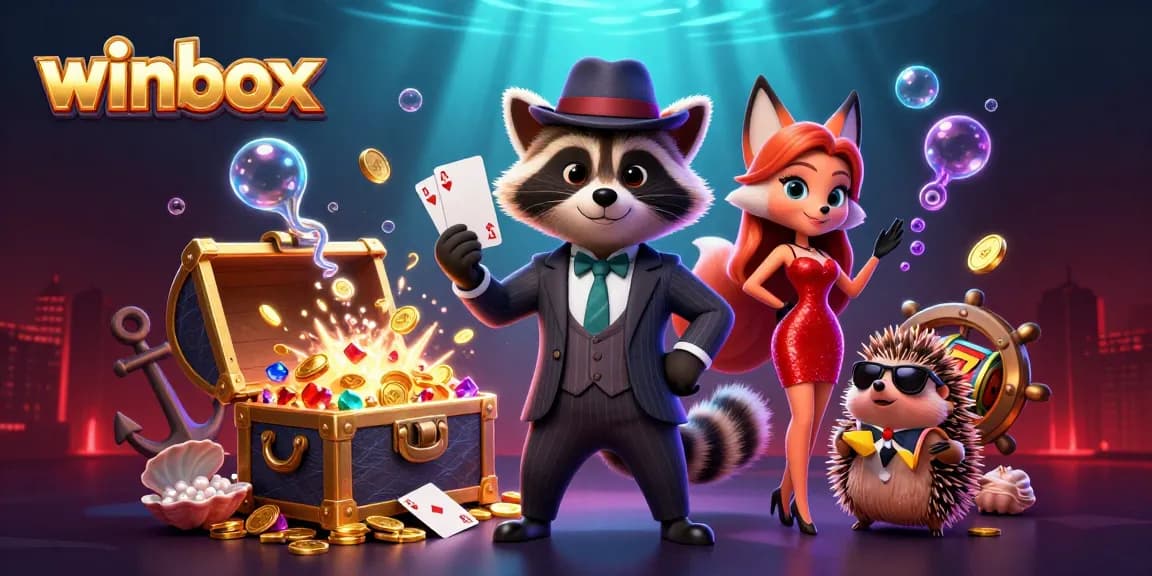A raccoon in a suit wins at winbox while a fox and hedgehog celebrate amidst falling coins and slot reels.