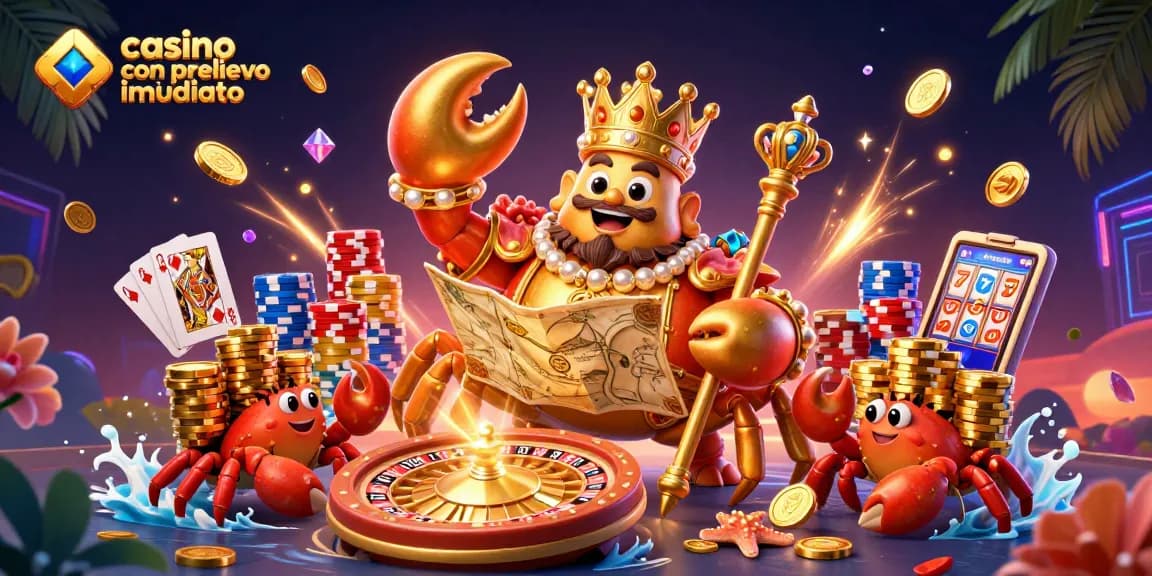 Scopri i casinò con prelievo immediato, caratterizzati da un imperatore granchio dorato circondato da elementi di gioco scintillanti.