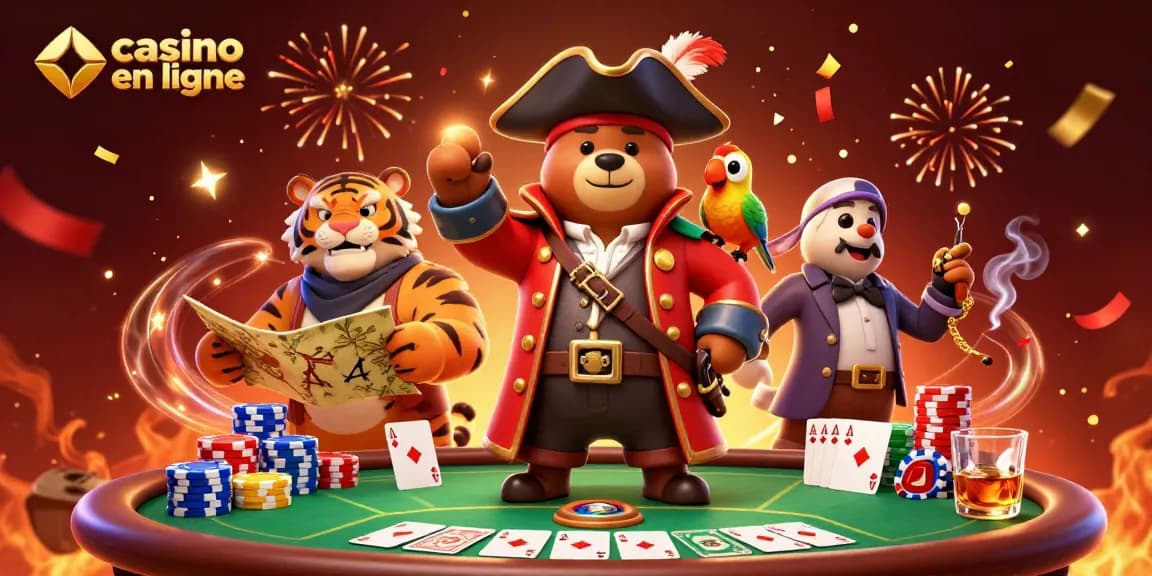 Illustration animée d'un casino en ligne avec un ours pirate et des éléments de poker captivants.