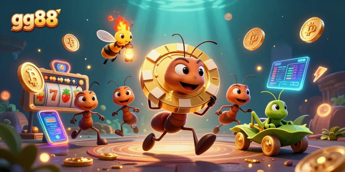 Play exciting games at gg88 with a team of ants carrying a giant poker chip in a vibrant casino scene.