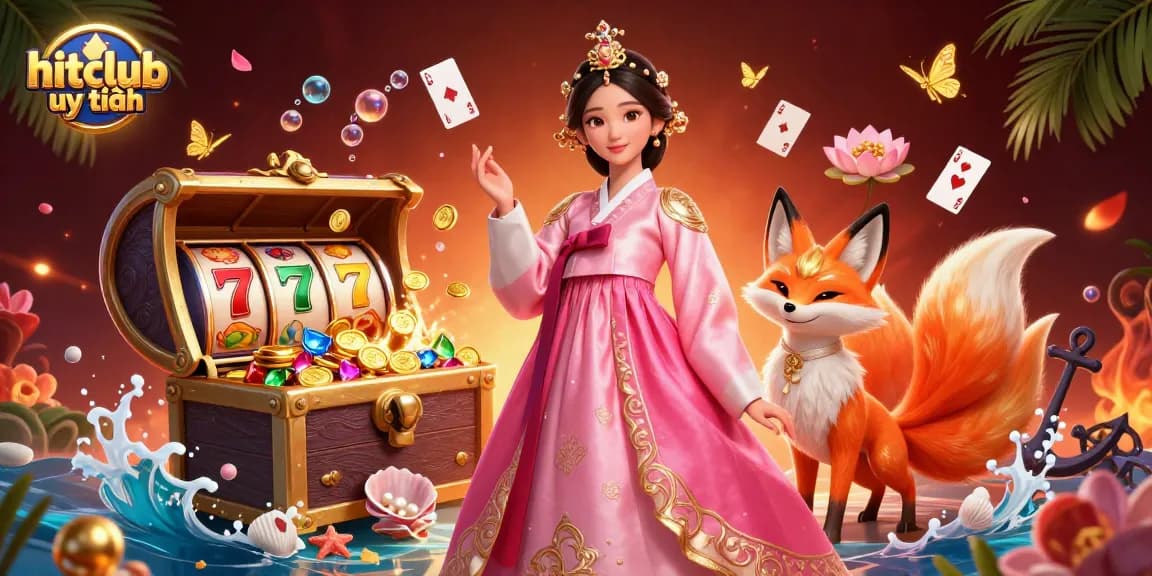Experience the thrill of gaming with hitclub uy tín, where vibrant characters and slot reels create an exciting scene.