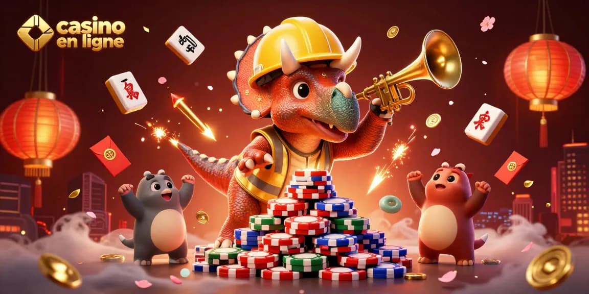 Casino en ligne : triceratops construisant une pyramide de jetons de poker avec éléments festifs.