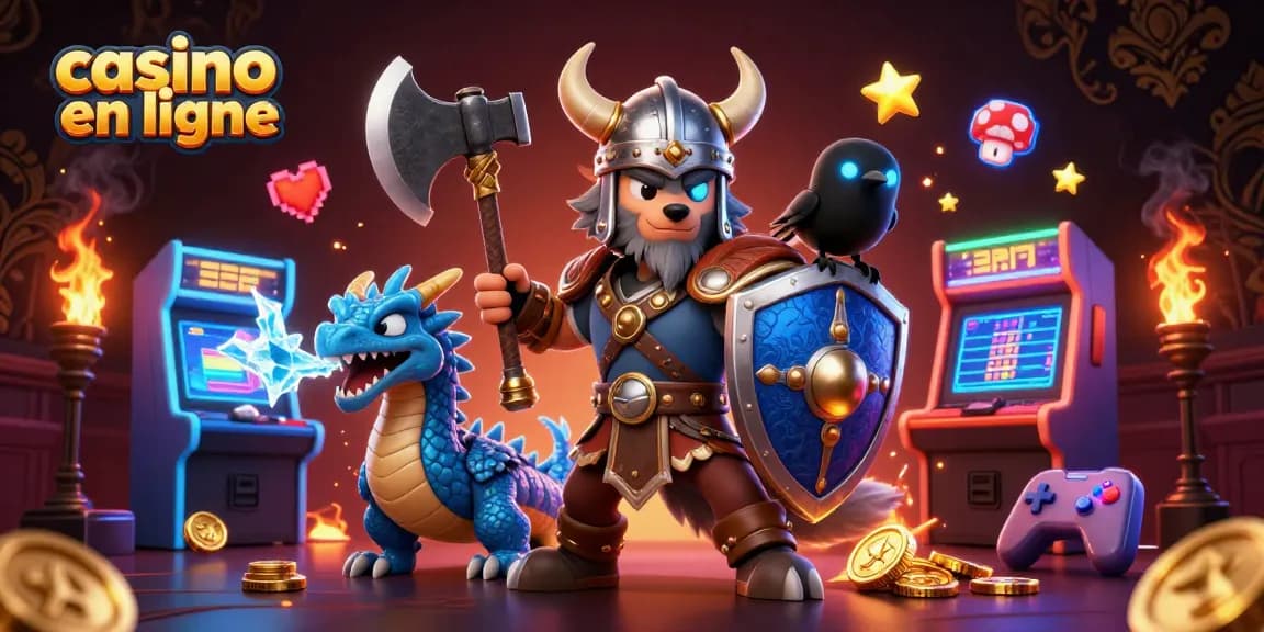 Expérience immersive au casino en ligne avec un guerrier loup et un dragon.