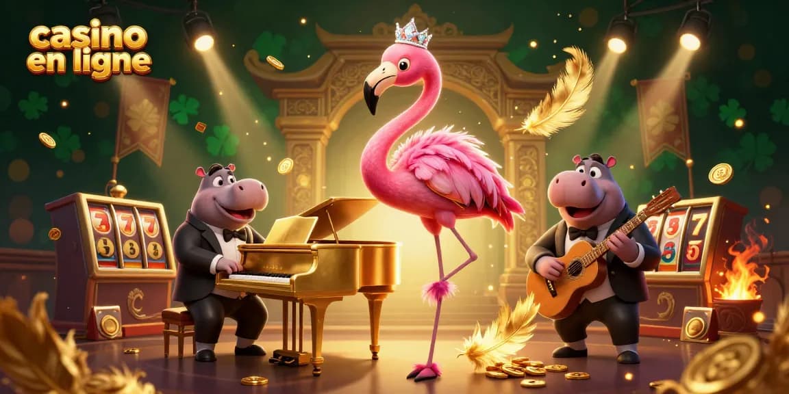 Venez découvrir l'ambiance animée du casino en ligne avec un flamant chanteur en scène et des jetons autour.