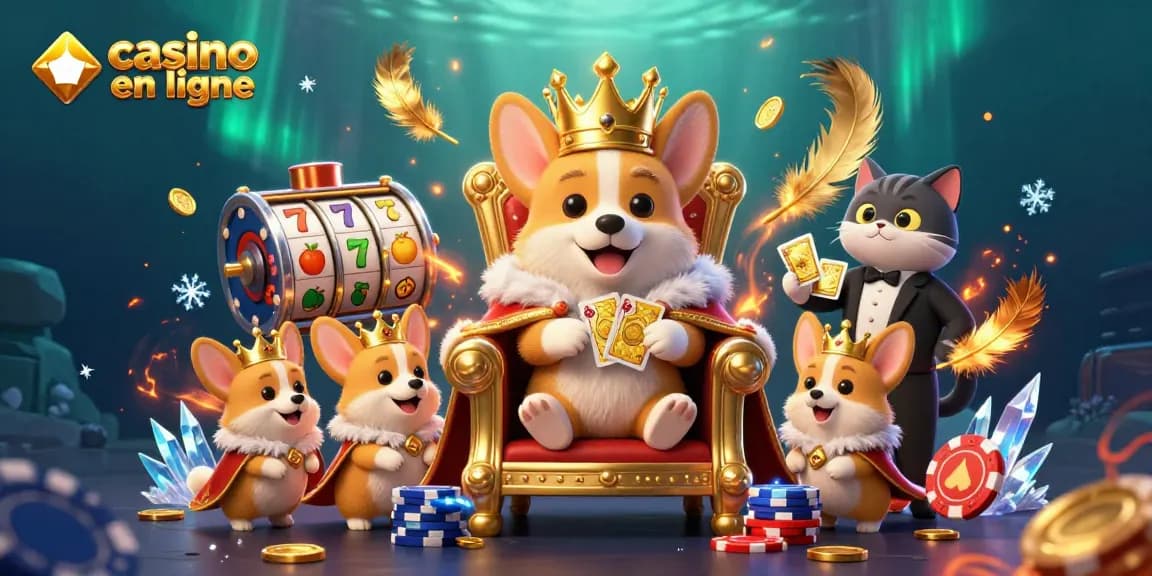 Les jeux de casino en ligne prennent vie avec un corgi royal sur un trône de jetons de poker.