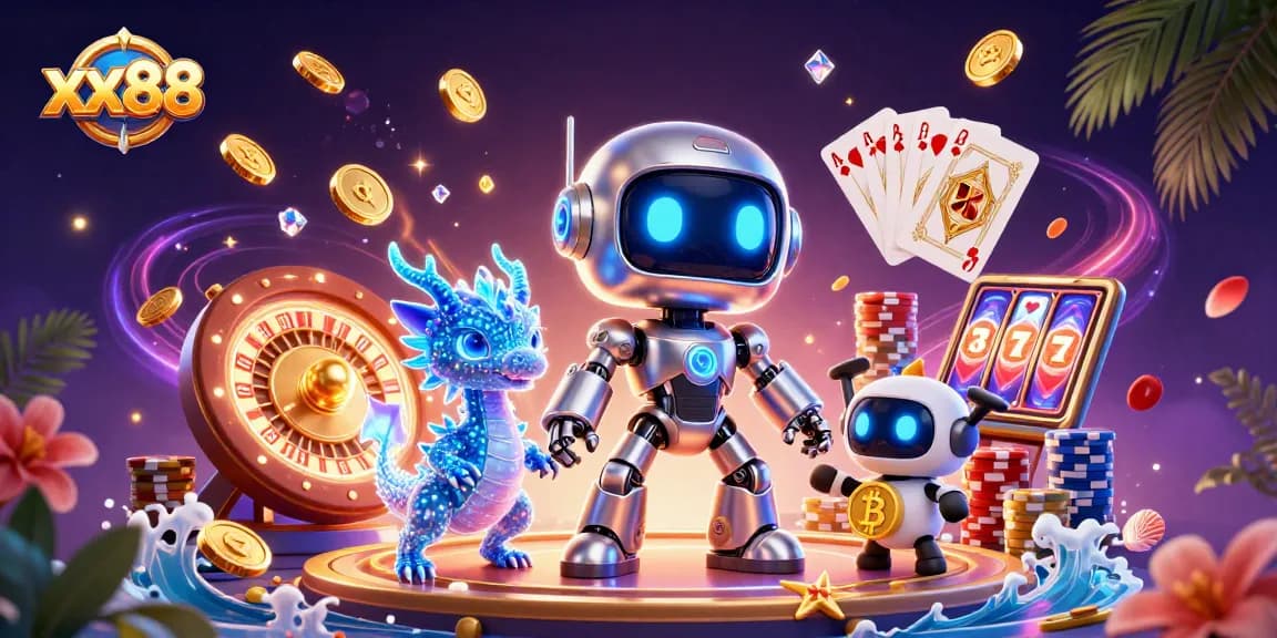 Spin and win with xx88 in a vibrant 3D casino scene filled with golden coins and gaming elements.