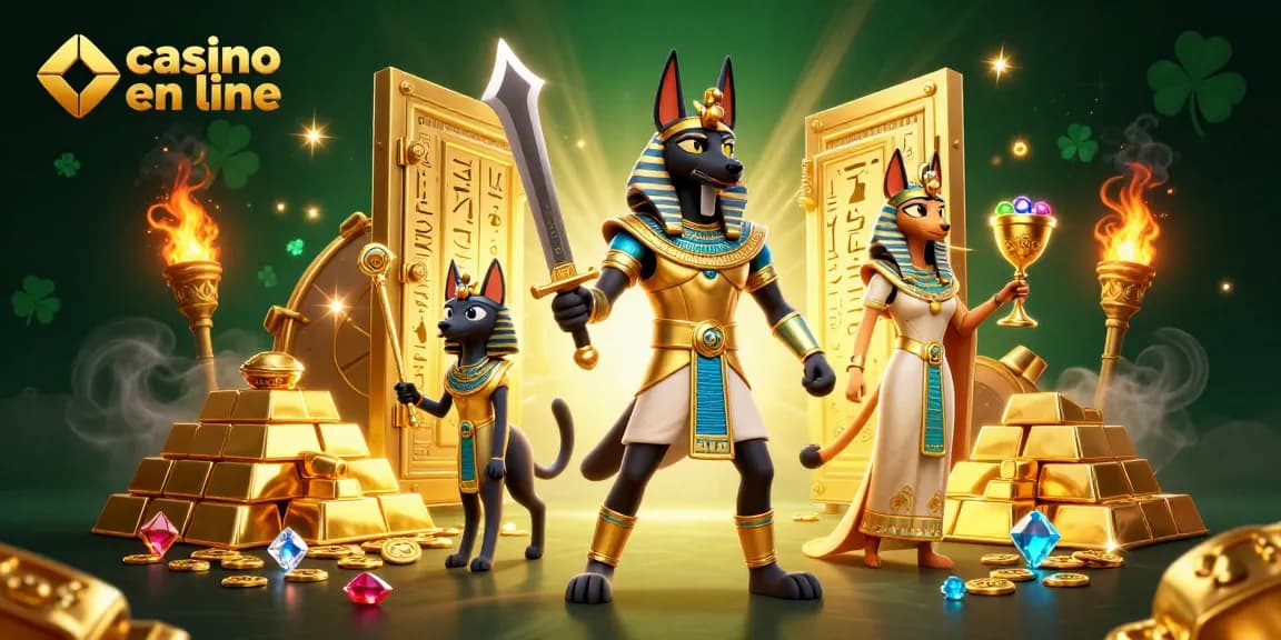 Vivez l'expérience du casino en ligne avec Anubis et Bastet, entourés de trésors éblouissants.