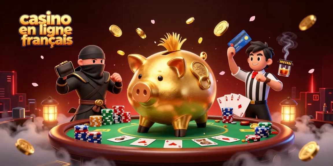 Illustration casino en ligne français avec un cochon tirelire sumo, un ninja et un samouraï, expérience immersive