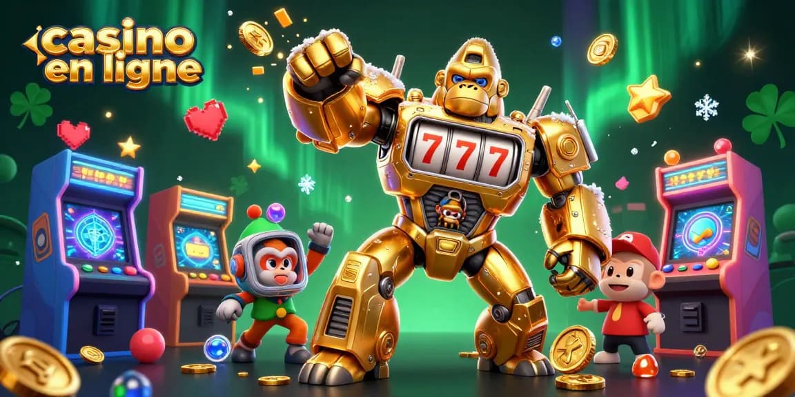 Illustration animée représentant un gorille mech doré à partir de machines à sous, illustre le monde du casino en ligne.