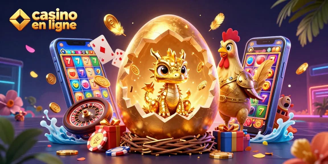 Le casino en ligne révèle un dragon doré sur des jetons de poker entouré d'objets de jeu animés.